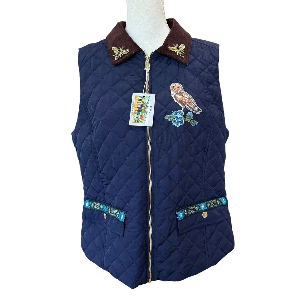 Lesal Upcycled Quilted Vest Navy Blue Vintage‎ Needlepoint Owl Bee Beaded M L